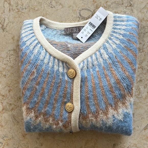 J. Crew Fair Isle Cropped Cardigan Sweater in Brushed Yarn Blue/Tan Small NWT - Picture 13 of 15